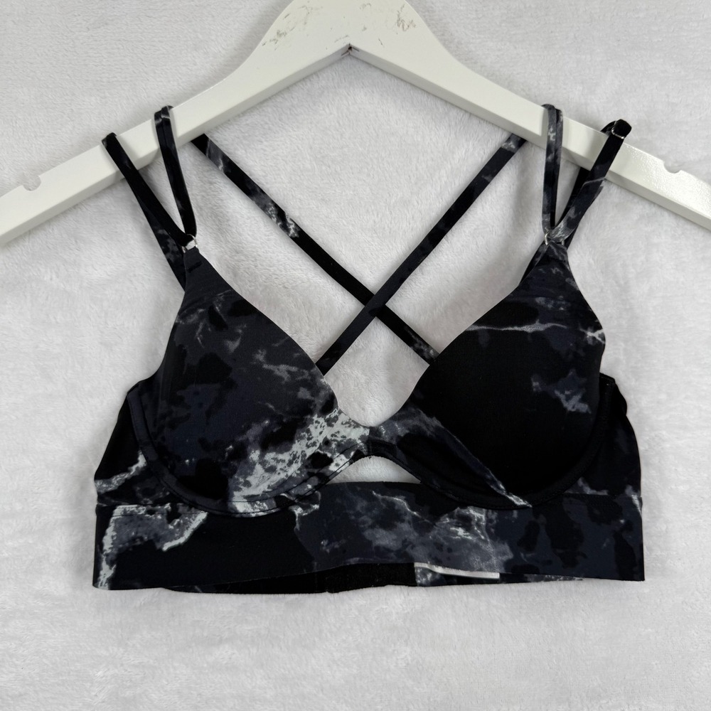 PINK Victoria's Secret Bonded Push-Up Sports Bra XS Black White Marble Strappy